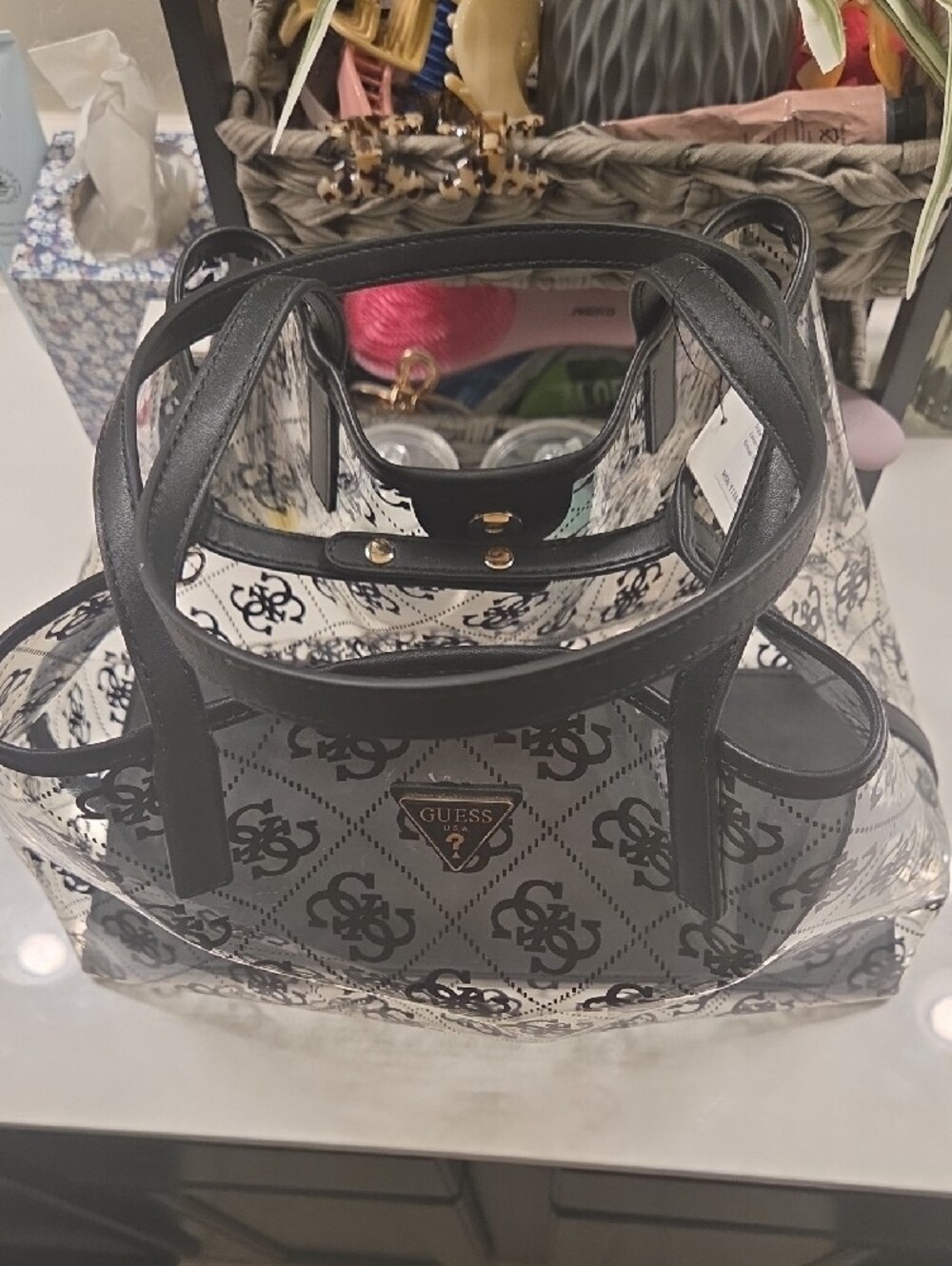 GUESS Clear Logo Tote with Black Trim - Picture 2 of 10